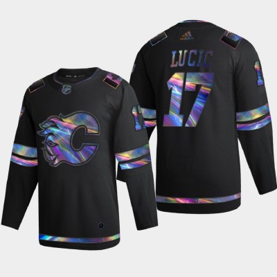 Calgary Calgary Flames #17 Milan Lucic Men's Nike Iridescent Holographic Collection NHL Jersey - Black Men's